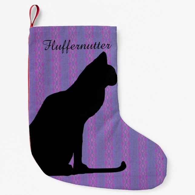 Black Cat Silhouette on Purple Stripes Small Christmas Stocking (Front)