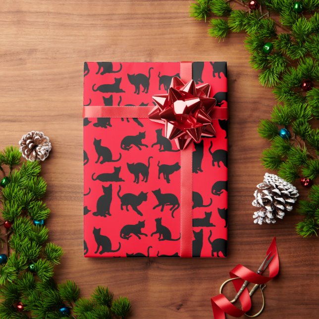 Black Cat Silhouette on Red Wrapping Paper (Holiday Gift)
