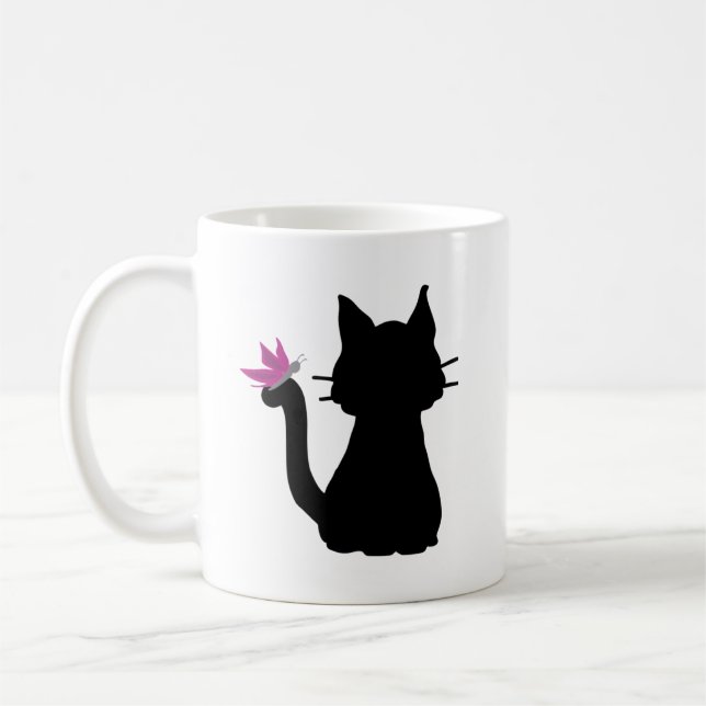 Black Cat Silhouette Pink Butterfly Coffee Mug (Left)