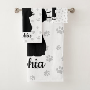 Black Cat Silhouette Pink Butterfly on Tail & Paws Bath Towel Set