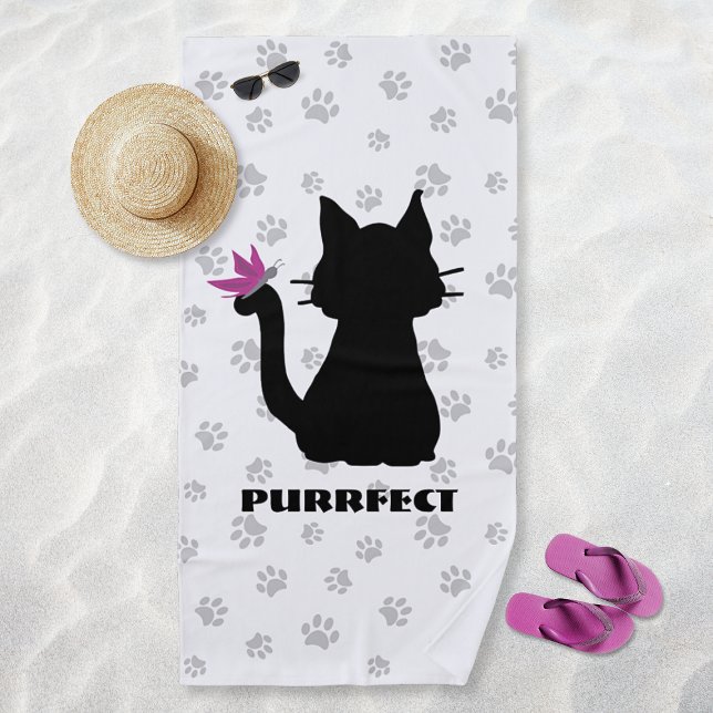 Black Cat Silhouette Pink Butterfly on Tail & Paws Beach Towel (Black Cat Silhouette Pink Butterfly on Tail & Paws Beach Towel)
