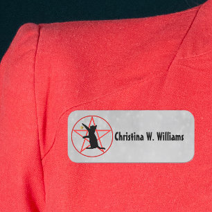 Black Cat Silhouette Red Pentagram in Circle Grey Name Tag