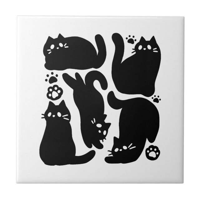 Black Cat Silhouettes - Cute Feline Design Ceramic Tile (Front)