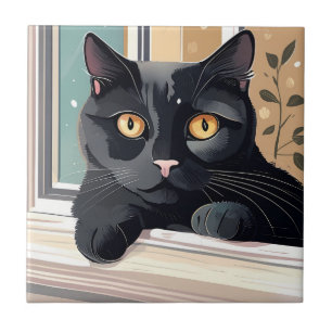 Black cat sitting Art Ceramic Tile
