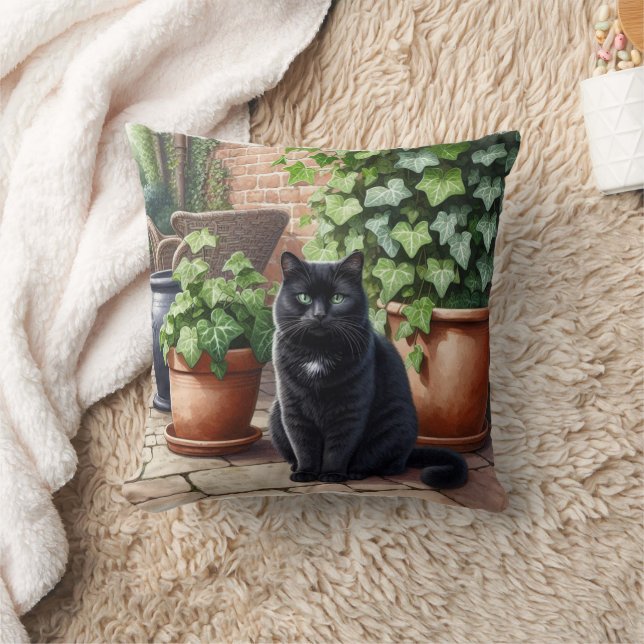 Black Cat Sitting by Ivy Plants  Cat Lover  Cushion (Blanket)