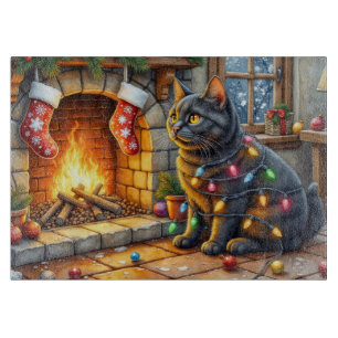 Black Cat Sitting Fireplace with Christmas Lights Cutting Board