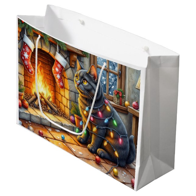 Black Cat Sitting Fireplace with Christmas Lights Large Gift Bag (Front Angled)