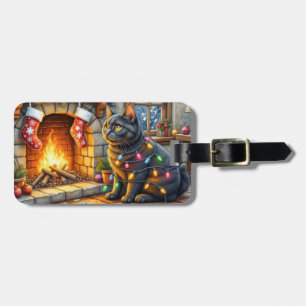 Black Cat Sitting Fireplace with Christmas Lights Luggage Tag