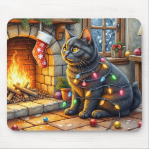 Black Cat Sitting Fireplace with Christmas Lights Mouse Pad