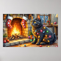 Black Cat Sitting Fireplace with Christmas Lights