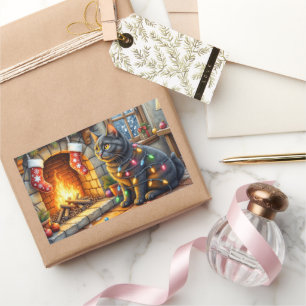 Black Cat Sitting Fireplace with Christmas Lights Rectangular Sticker