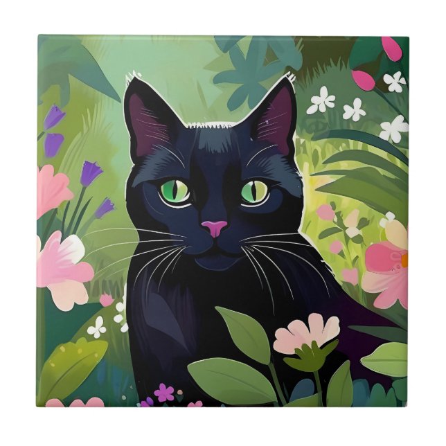 Black cat sitting in a field of flowers ceramic tile (Front)
