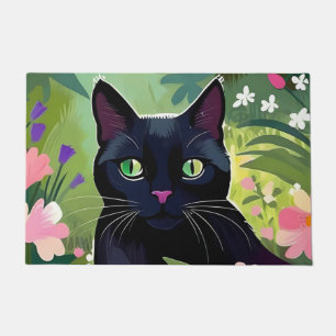 Black cat sitting in a field of flowers doormat