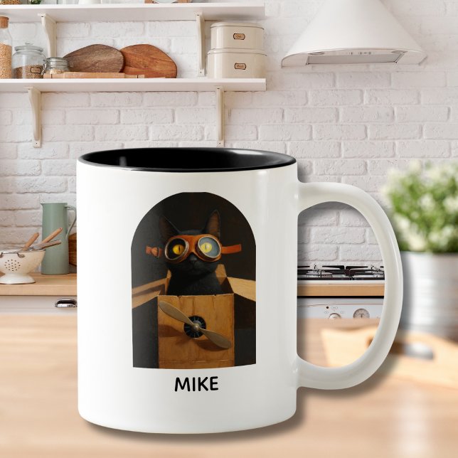 Black cat sitting in box airplane Personalized fun Two-Tone Coffee Mug (Creator Uploaded)