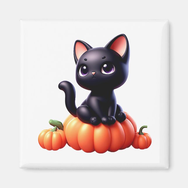 Black cat sitting on a pumpkin magnet (Front)