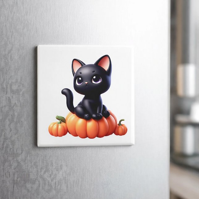 Black cat sitting on a pumpkin magnet (Creator Uploaded)
