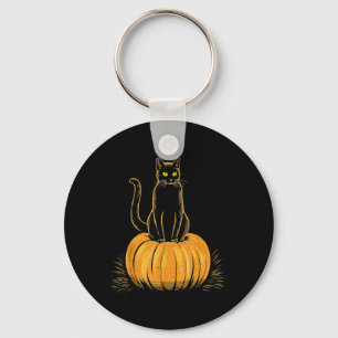 Black Cat Sitting On A Pumpkin Retro Vintage Key Ring