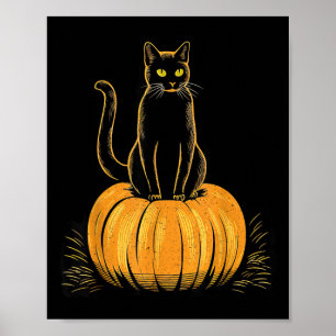 Black Cat Sitting On A Pumpkin Retro Vintage Poster