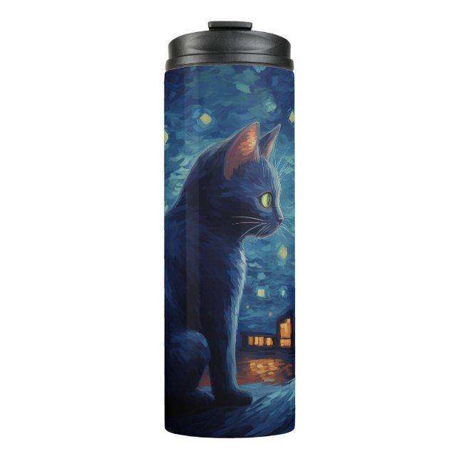 Black Cat sitting on building Thermal Tumbler (Front)