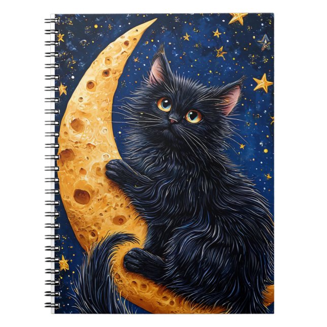 Black Cat Sitting on Crescent Moon Notebook (Front)