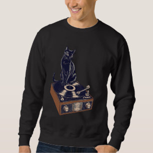 Black Cat Sitting On Vinyl Record Player DJ Vinyl Sweatshirt