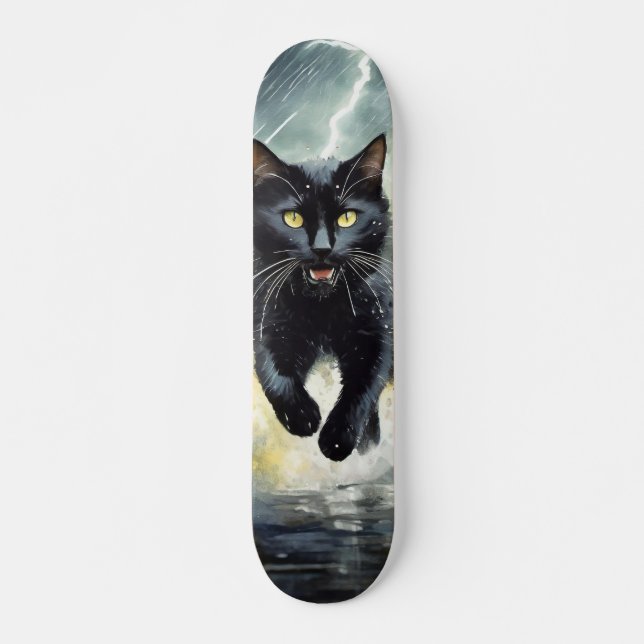 Black Cat Skateboard Running in the Rain (Front)