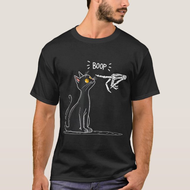 Black Cat Skeleton Hand Boop Halloween  T-Shirt (Front)