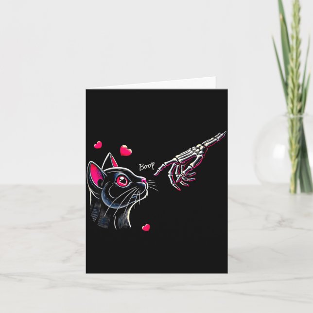 Black Cat Skeleton Hand Boop Valentine's Day Pet O Card (Front)