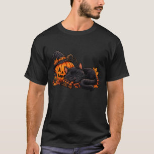Black Cat Sleeping Beside Pumpkin Halloween T-Shirt