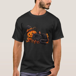 Black Cat Sleeping Beside Pumpkin Halloween T-Shirt
