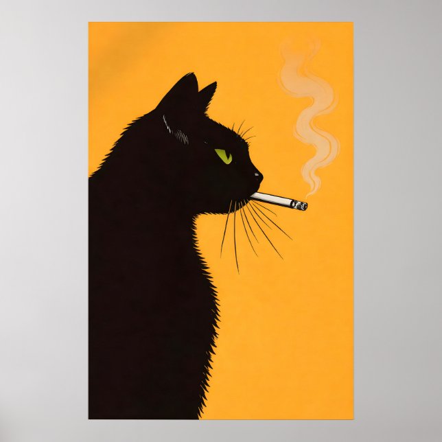 Black Cat Smoking Poster, Retro Cat Wall Art (Front)