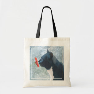 Black Cat Sniffing Flower Tote Bag