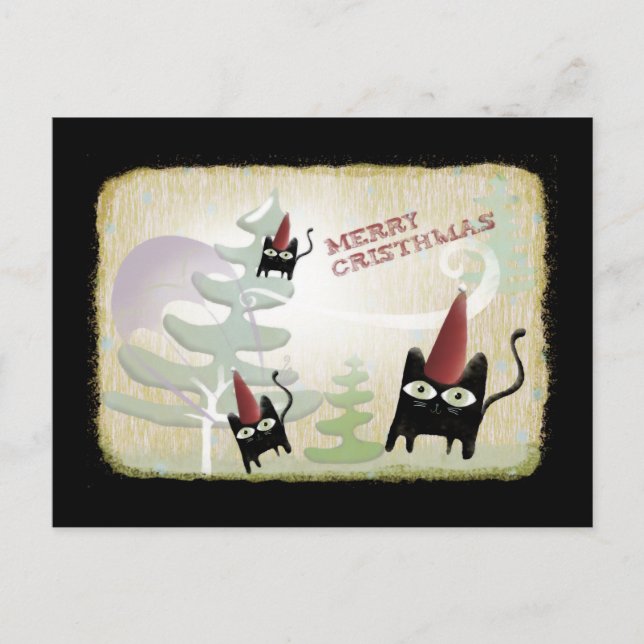 Black cat snow tree wind december cold  postcard (Front)