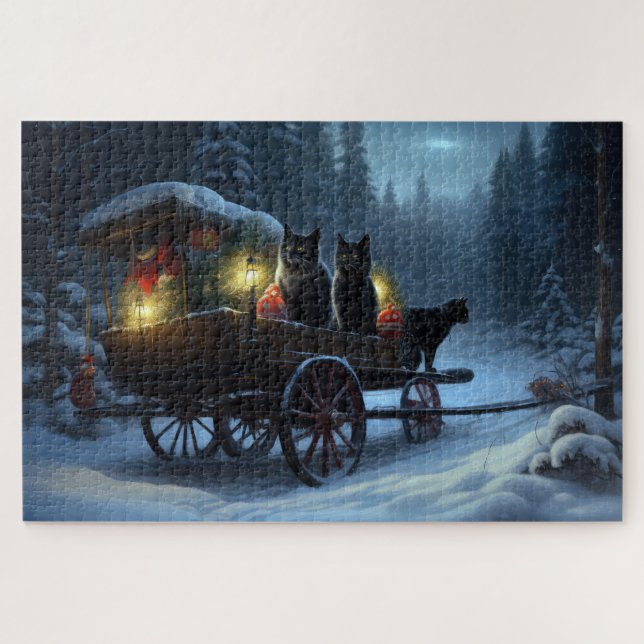 Black Cat Snowy Sleigh Ride Christmas Decor   Jigsaw Puzzle (Horizontal)
