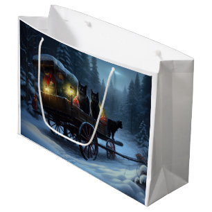 Black Cat Snowy Sleigh Ride Christmas Decor   Large Gift Bag
