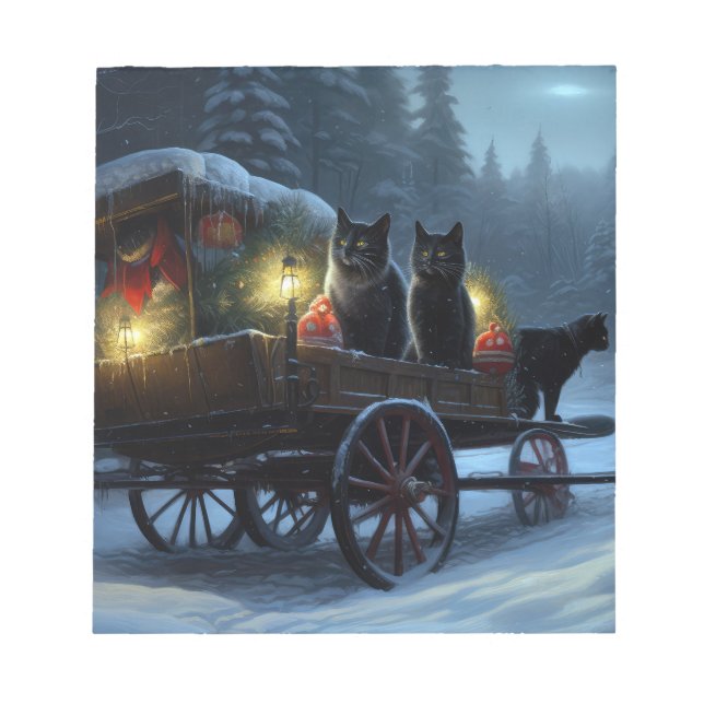 Black Cat Snowy Sleigh Ride Christmas Decor   Notepad (Front)
