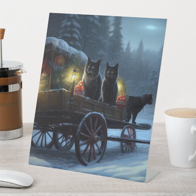 Black Cat Snowy Sleigh Ride Christmas Decor   Pedestal Sign (In SItu)