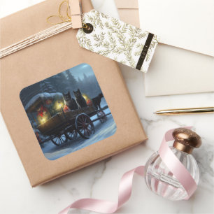 Black Cat Snowy Sleigh Ride Christmas Decor Square Sticker