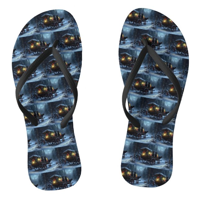 Black Cat Snowy Sleigh Ride Christmas Decor   Thongs (Footbed)