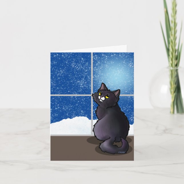 Black Cat Snowy Window Throw Pillow Card (Front)