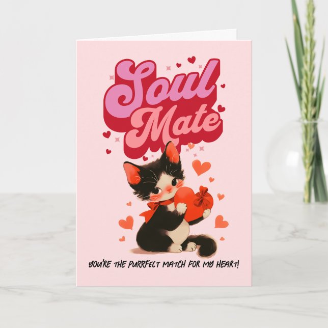 Black Cat Soul Mate Retro Valentine’s Day Card (Front)