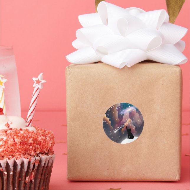 Black Cat Space Shooting Star Classic Round Sticker (Party)