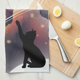 Black Cat Space Shooting Star Tea Towel
