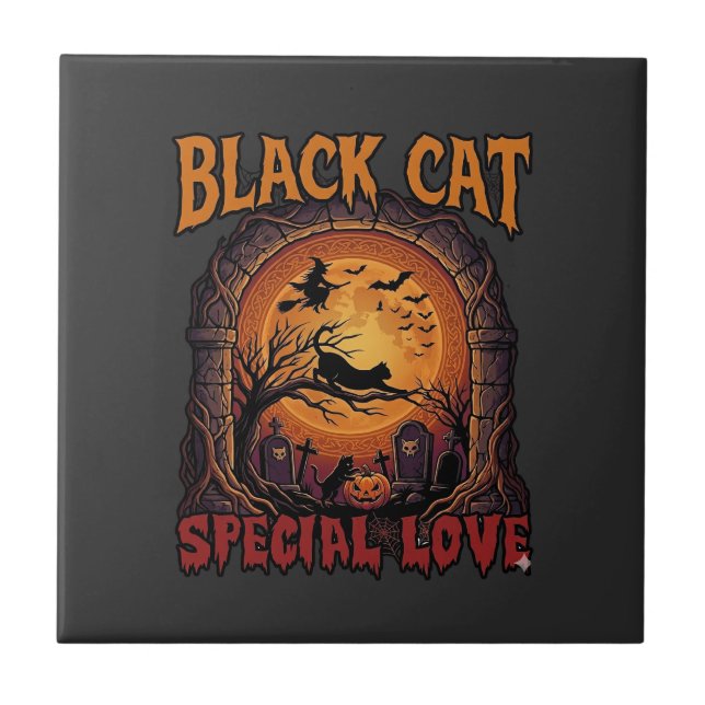 Black Cat Special Love Halloween Moon Witch Pumpki Ceramic Tile (Front)