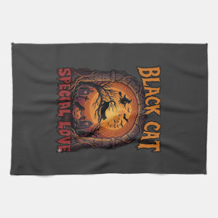 Black Cat Special Love Halloween Moon Witch Pumpki Tea Towel