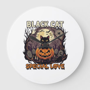 Black Cat Special Love Halloween Pumpkin Full Moon Large Clock