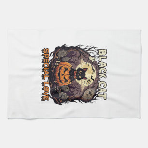 Black Cat Special Love Halloween Pumpkin Full Moon Tea Towel