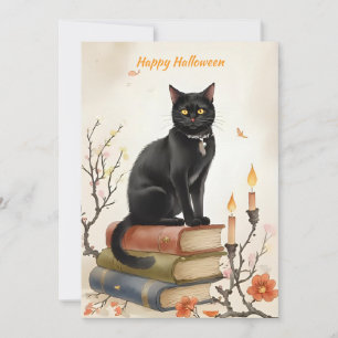 Black Cat & Spell Books Watercolor Halloween Holiday Card
