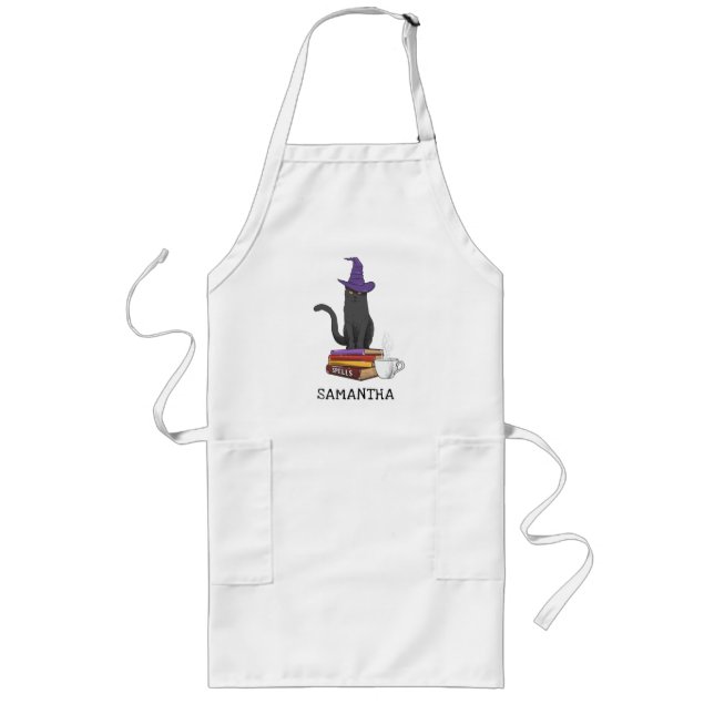 Black Cat Spells Books Halloween Personalised Long Apron (Front)