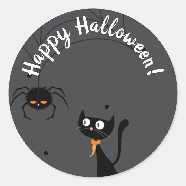 Black Cat & Spider Halloween  Classic Round Sticker (Front)